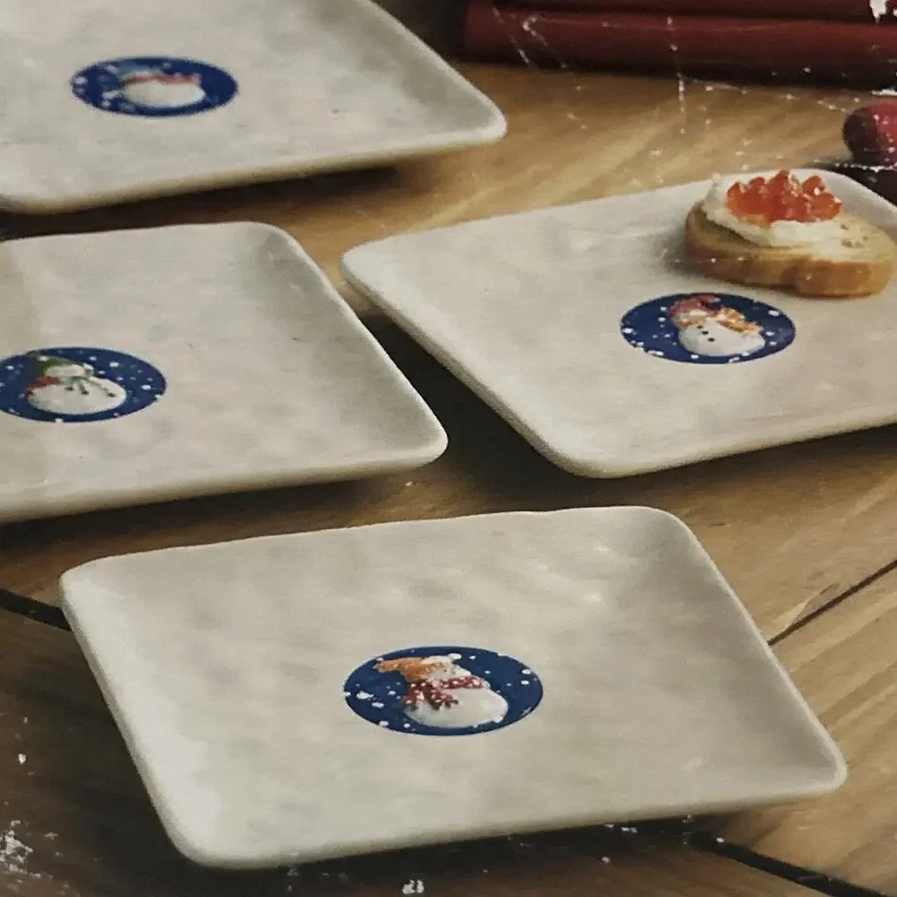 St.‎ Nicholas Square SNOW DAYS Appetizers Plate Set 4Pc Snowman Snowflakes White